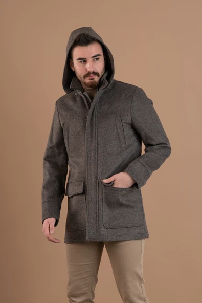 SİR KAPŞONLU FERMUAR KAPAMALI REGULAR FİT ERKEK KAŞE KABAN - 11