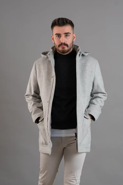 SİR KAPŞONLU FERMUAR KAPAMALI REGULAR FİT ERKEK KAŞE KABAN - 4