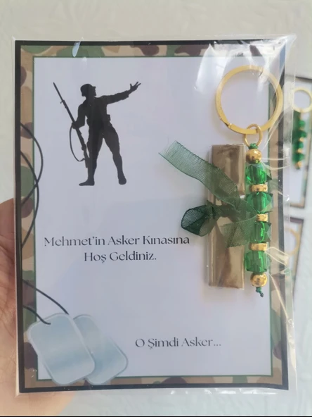 100 Adet Kişiye Özel Asker Kına Hatırası Dağıtmalık Hediyelik Yeşil Anahtarlık ve Paketlenmiş Kına - 7