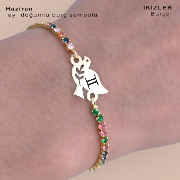 Doğum Ayına Özel 14 Ayar Altın Plakalı Kuş Motifli Zincirli Renkli Taş Desenli Hediye Bileklik-353 - Resim 2