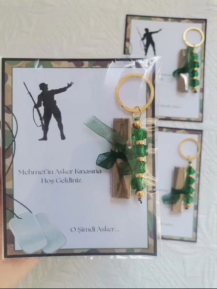 32 Adet Kişiye Özel Asker Kına Hatırası Dağıtmalık Hediyelik Yeşil Anahtarlık ve Paketlenmiş Kına - Resim 6