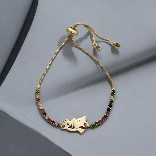 İsme Özel Kuş Motifli Zincirli Renkli Taş Desenli 14 Ayar Altın Plakalı Hediye Bileklik-353 ürün görseli