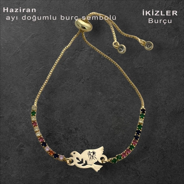 Burca Özel Kuş Motifli Zincirli Renkli Taş Desenli 14 Ayar Altın Plakalı Hediye Bileklik-353 ürün görseli