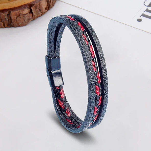 Kırmızı Siyah Saç Örgü Ve Çelik Bileklik 31833B10D3 - Resim 2