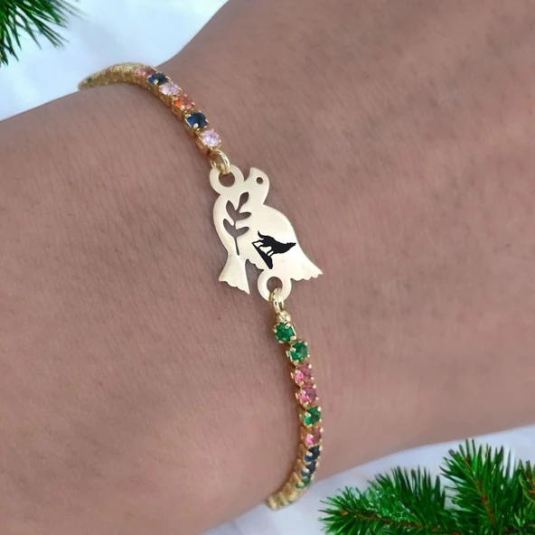 Sembole Özel Zincirli Renkli Taş Desenli 14 Ayar Altın Plakalı Kuş Motifli Hediye Bileklik-353 - Resim 2