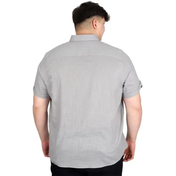 Büyük Beden Keten Likralı Gömlek Cepli 20389 Gri - Resim 4