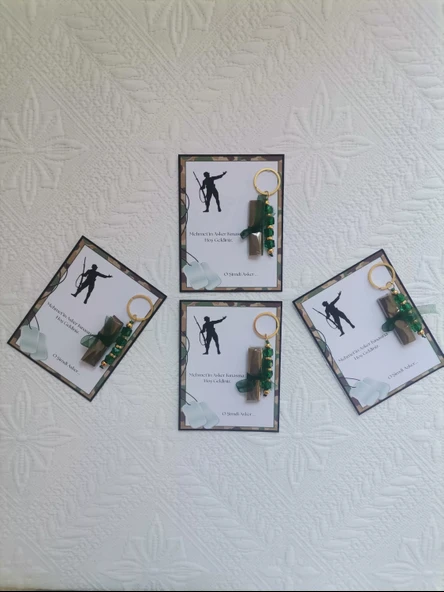 64 Adet Kişiye Özel Asker Kına Hatırası Dağıtmalık Hediyelik Yeşil Anahtarlık ve Paketlenmiş Kına - Resim 5