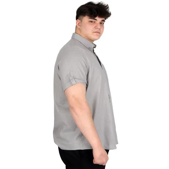 Büyük Beden Keten Likralı Gömlek Cepli 20389 Gri - Resim 3