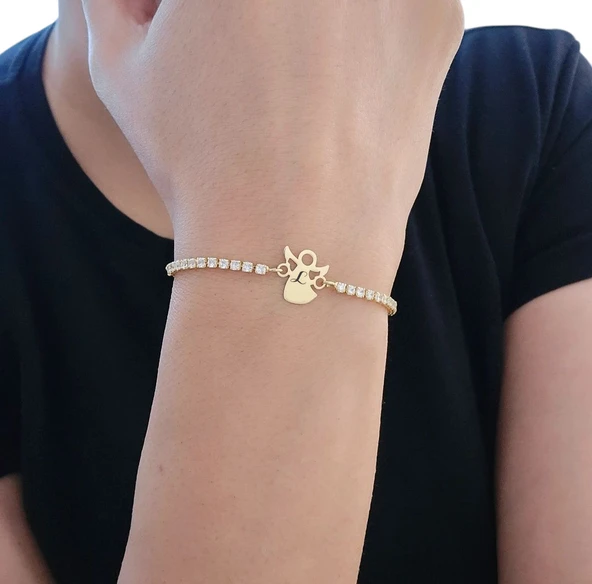 Harfe Özel 14 Ayar Altın Plakalı Mevlana Figürlü Zincirli Beyaz Taş Desenli Hediye Bileklik-357 - Resim 5