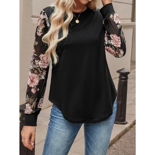 Lucky Life Kadın Uzun Kollu Bisiklet Yakalı Kolun çiçek Desenli Viskon Iki Iplik Bluz - 3