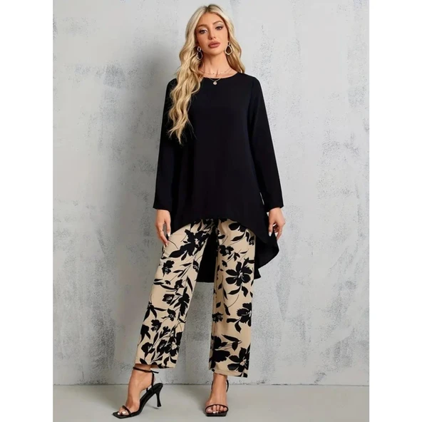 Lucky Life Kadın Uzun Kollu Bisiklet Yaka Asimetrik Kesim Detaylı Viskon Bluz Ve çiçek Desenli Iki Iplik Pantolon - 3