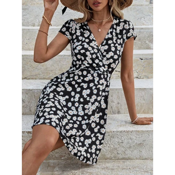 Lucky Life Kadın Kısa Kollu Kruvaze Yaka Papatya Baskılı Krep Elbise - Resim 7