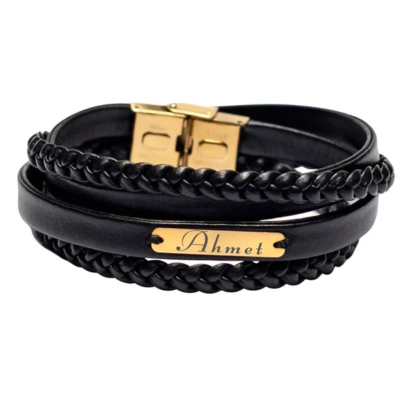 İsme Özel Dikdörtgen Motifli Hakiki Siyah Derili 14 Ayar Altın Plakalı Hediye Bileklik-354 - Resim 2