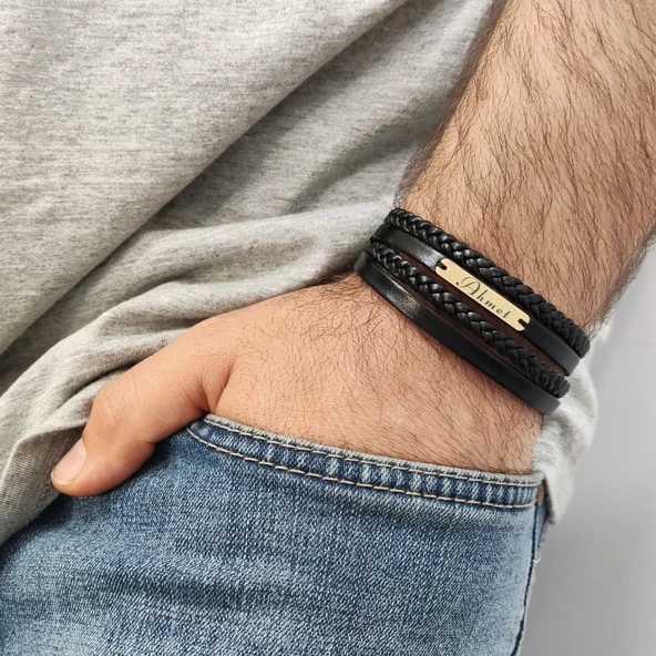 İsme Özel Dikdörtgen Motifli Hakiki Siyah Derili 14 Ayar Altın Plakalı Hediye Bileklik-354 ürün görseli
