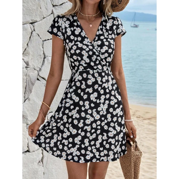 Lucky Life Kadın Kısa Kollu Kruvaze Yaka Papatya Baskılı Krep Elbise - Resim 9