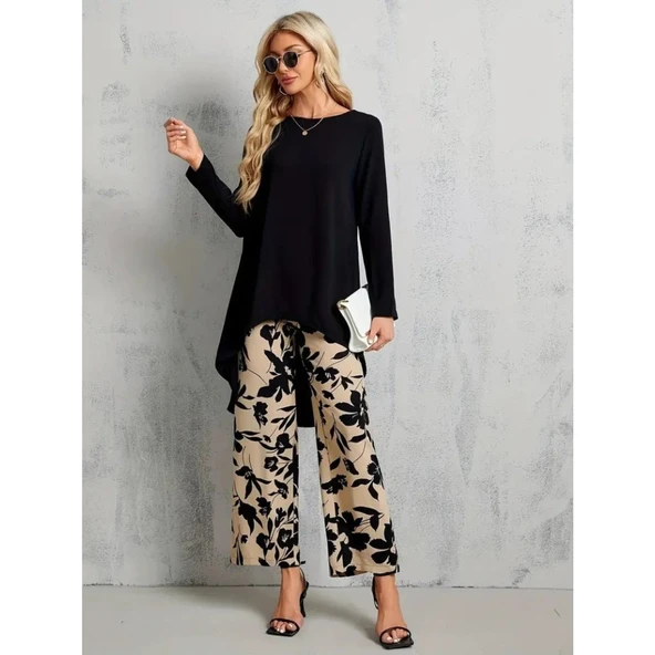 Lucky Life Kadın Uzun Kollu Bisiklet Yaka Asimetrik Kesim Detaylı Viskon Bluz Ve çiçek Desenli Iki Iplik Pantolon - 2