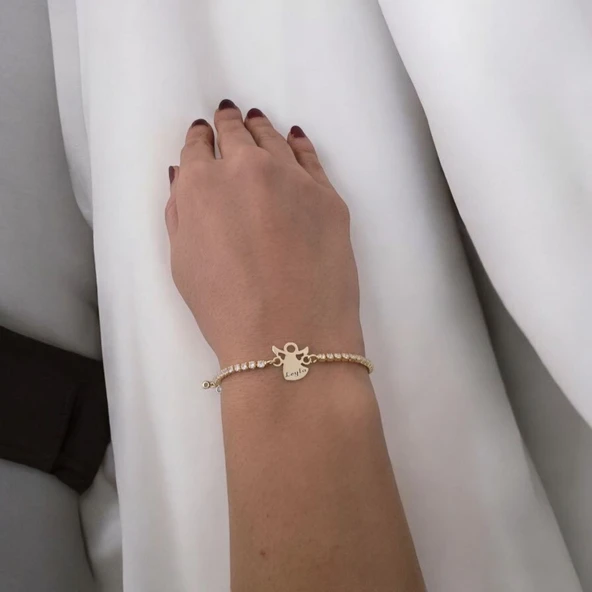 İsme Özel Mevlana Figürlü Zincirli Beyaz Taş Desenli 14 Ayar Altın Plakalı Hediye Bileklik-357 - Resim 2