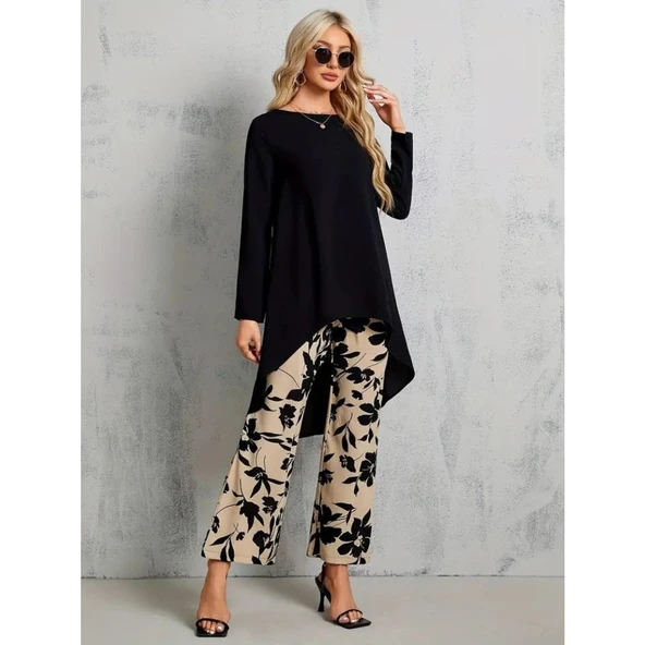 Lucky Life Kadın Uzun Kollu Bisiklet Yaka Asimetrik Kesim Detaylı Viskon Bluz Ve çiçek Desenli Iki Iplik Pantolon - 4