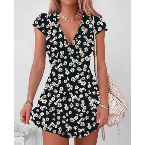 Lucky Life Kadın Kısa Kollu Kruvaze Yaka Papatya Baskılı Krep Elbise ürün görseli 1