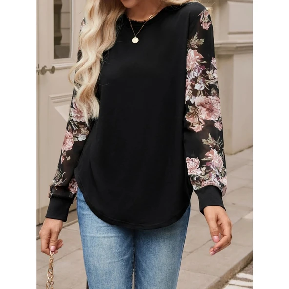 Lucky Life Kadın Uzun Kollu Bisiklet Yakalı Kolun çiçek Desenli Viskon Iki Iplik Bluz - 6