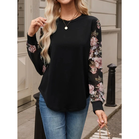 Lucky Life Kadın Uzun Kollu Bisiklet Yakalı Kolun çiçek Desenli Viskon Iki Iplik Bluz - 5
