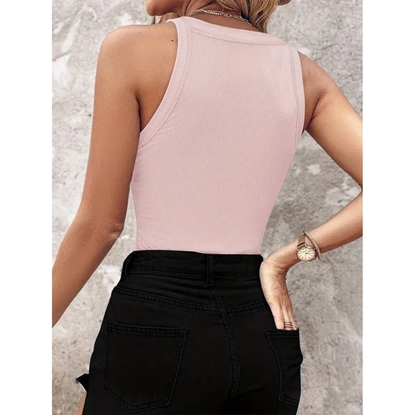 Lucky Life Kadın Halter Kollu Yuvarlak Taşlı Yaka Damla Detaylı Kaşkorse Bluz - 3