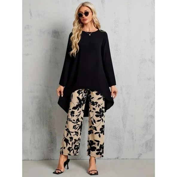 Lucky Life Kadın Uzun Kollu Bisiklet Yaka Asimetrik Kesim Detaylı Viskon Bluz Ve çiçek Desenli Iki Iplik Pantolon