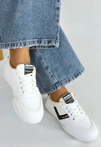 Jowen Beyaz Cilt Siyah Detaylı Bağcıklı Spor Ayakkabı - Resim 3