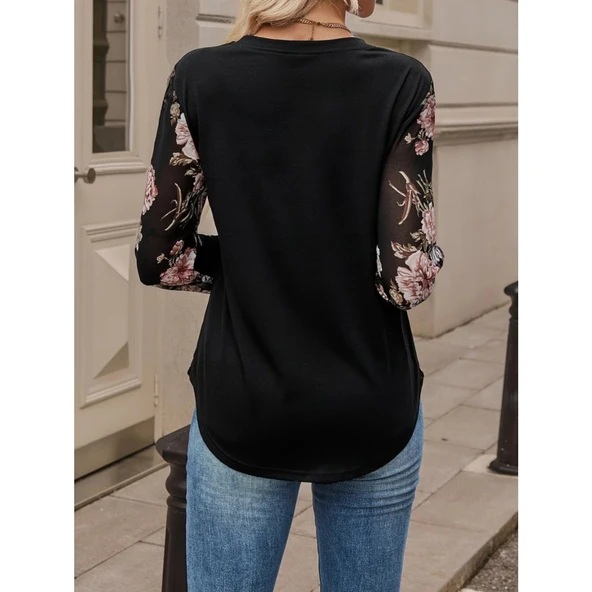 Lucky Life Kadın Uzun Kollu Bisiklet Yakalı Kolun çiçek Desenli Viskon Iki Iplik Bluz - 4
