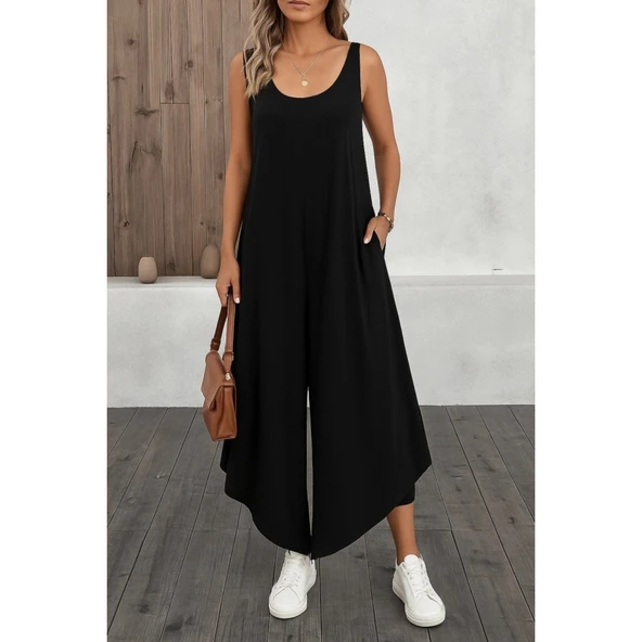 Lucky Life Kadın Askılı Yuvarlak Yaka Cepli Salaş Uzun Viskon Tulum