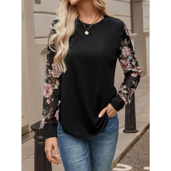 Lucky Life Kadın Uzun Kollu Bisiklet Yakalı Kolun çiçek Desenli Viskon Iki Iplik Bluz - 2