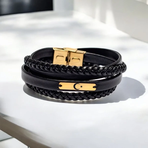 Sembole Özel Hakiki Siyah Derili 14 Ayar Altın Plakalı Dikdörtgen Motifli Hediye Bileklik-354 - Resim 2