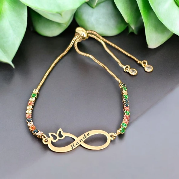 İsme Özel Sonsuzluk ve Kelebek Motifli Zincirli Renkli Taş Desenli 14 Ayar Altın Plakalı Hediye Bileklik-358 - Resim 2