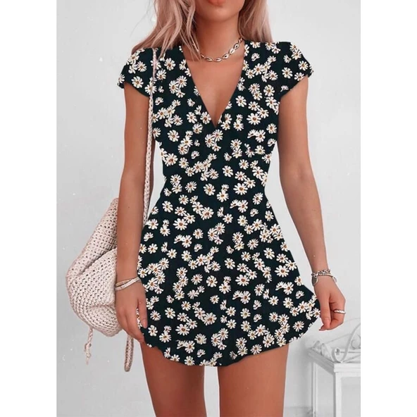 Lucky Life Kadın Kısa Kollu Kruvaze Yaka Papatya Baskılı Krep Elbise - Resim 2