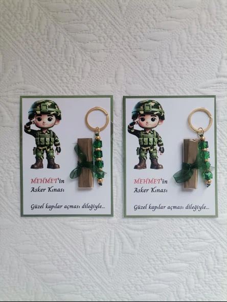 64 Adet Kişiye Özel Asker Kına Hatırası Dağıtmalık Hediyelik Yeşil Anahtarlık ve Paketlenmiş Kına - Resim 2