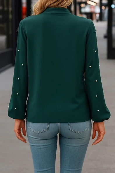 Lucky Life Kadın Uzun Kollu Yakadan Fiyonklu Incili Ithal Krep Bluz - Resim 5