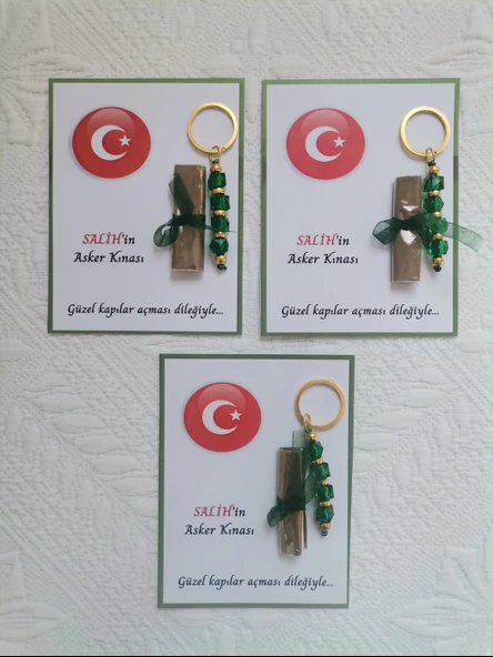 100 Adet Kişiye Özel Asker Kına Hatırası Dağıtmalık Hediyelik Yeşil Anahtarlık ve Paketlenmiş Kına - Resim 3