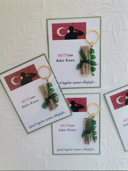 64 Adet Kişiye Özel Asker Kına Hatırası Dağıtmalık Hediyelik Yeşil Anahtarlık ve Paketlenmiş Kına - Resim 8