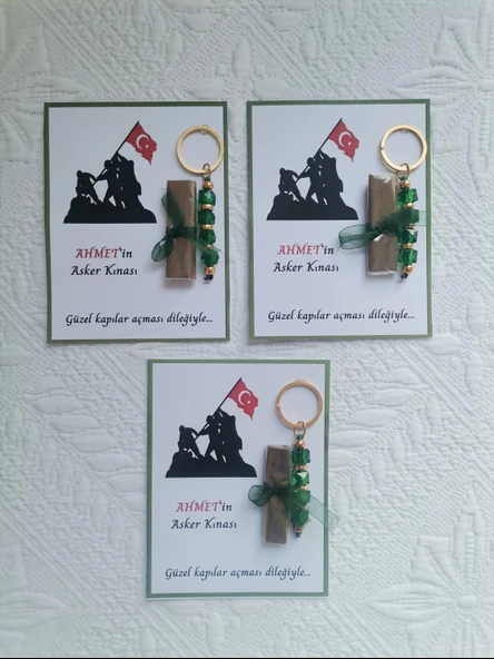 64 Adet Kişiye Özel Asker Kına Hatırası Dağıtmalık Hediyelik Yeşil Anahtarlık ve Paketlenmiş Kına - 3