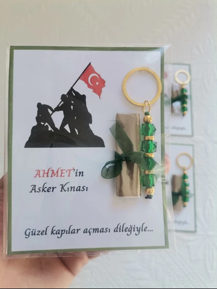 64 Adet Kişiye Özel Asker Kına Hatırası Dağıtmalık Hediyelik Yeşil Anahtarlık ve Paketlenmiş Kına - 6
