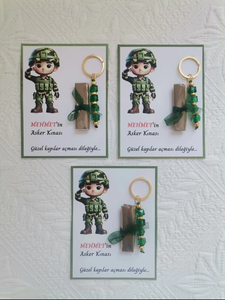 64 Adet Kişiye Özel Asker Kına Hatırası Dağıtmalık Hediyelik Yeşil Anahtarlık ve Paketlenmiş Kına - Resim 3
