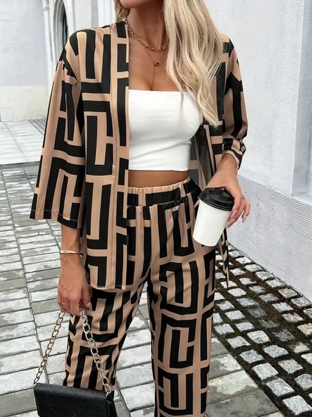 Lucky Life Kadın Uzun Kollu önü Açık Desenli Iki Iplik Ceket Ve Pantolon Ikili Takım - Resim 3