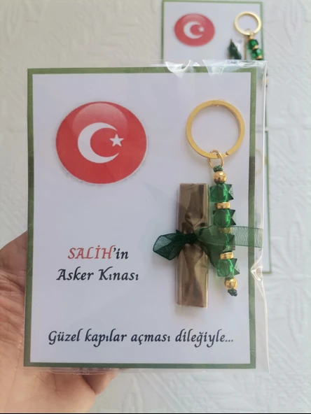 64 Adet Kişiye Özel Asker Kına Hatırası Dağıtmalık Hediyelik Yeşil Anahtarlık ve Paketlenmiş Kına - Resim 7