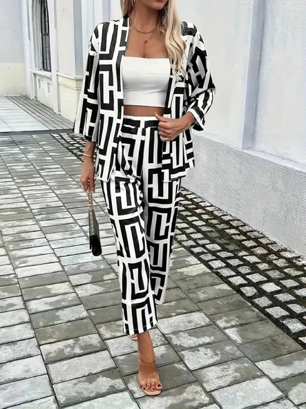 Lucky Life Kadın Uzun Kollu önü Açık Desenli Iki Iplik Ceket Ve Pantolon Ikili Takım ürün görseli 1