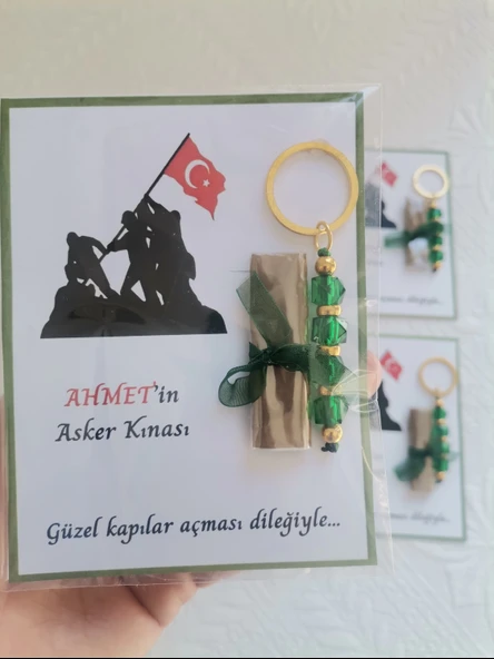 64 Adet Kişiye Özel Asker Kına Hatırası Dağıtmalık Hediyelik Yeşil Anahtarlık ve Paketlenmiş Kına - 7