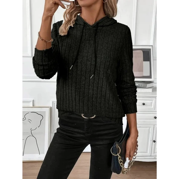 Lucky Life Kadın Uzun Kollu Kapşonlu Bağcıklı şardonlu Kaşkorse Bluz - 2