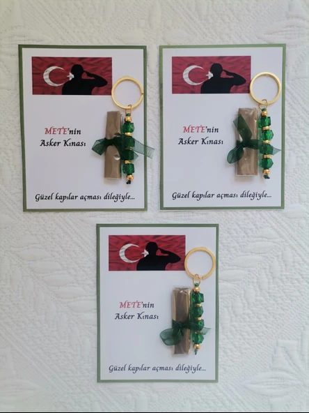 64 Adet Kişiye Özel Asker Kına Hatırası Dağıtmalık Hediyelik Yeşil Anahtarlık ve Paketlenmiş Kına - Resim 3