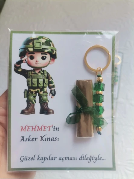 64 Adet Kişiye Özel Asker Kına Hatırası Dağıtmalık Hediyelik Yeşil Anahtarlık ve Paketlenmiş Kına - Resim 8