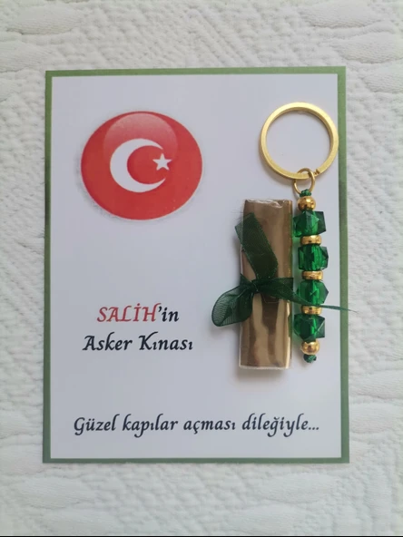 100 Adet Kişiye Özel Asker Kına Hatırası Dağıtmalık Hediyelik Yeşil Anahtarlık ve Paketlenmiş Kına ürün görseli