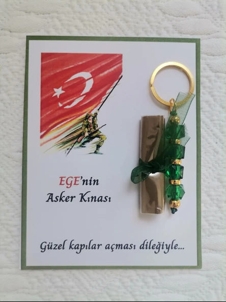 100 Adet Kişiye Özel Asker Kına Hatırası Dağıtmalık Hediyelik Yeşil Anahtarlık ve Paketlenmiş Kına ürün görseli